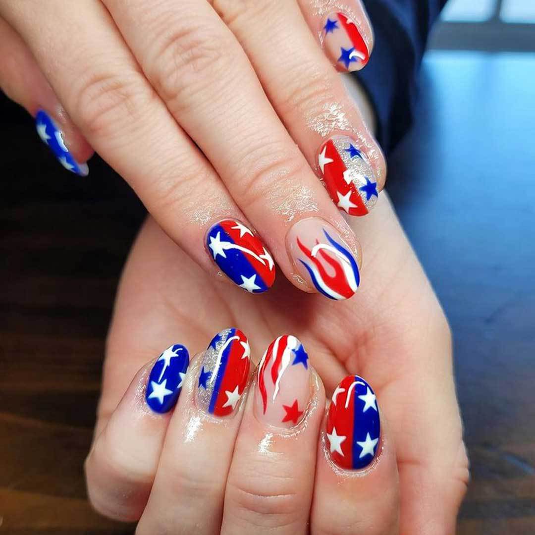 Patriotic Glamour Short Oval Red White and Blue Star Design Press On Nail Set