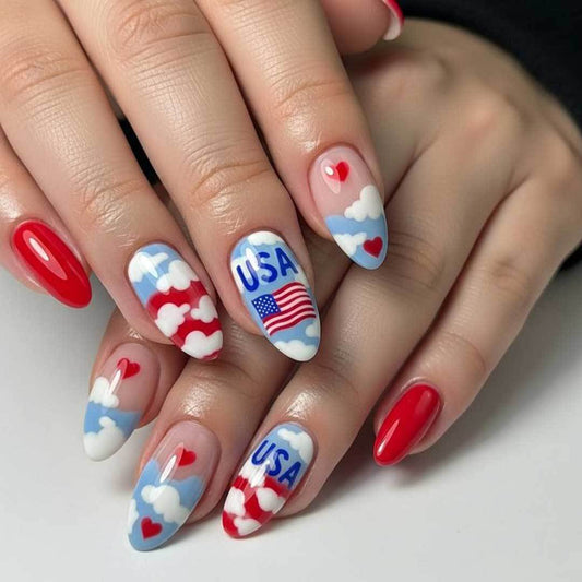 Patriotic Cloud Dream Medium Almond Red and Blue American Theme Nail Set