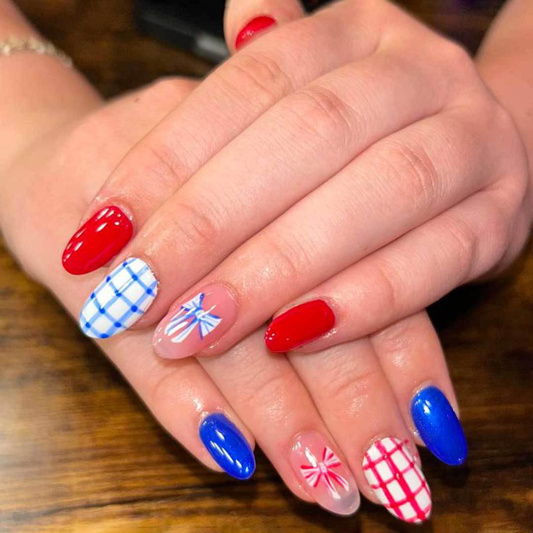 Patriotic Glamour Medium Almond Red and Blue Nail Set with Artistic Checkered Design