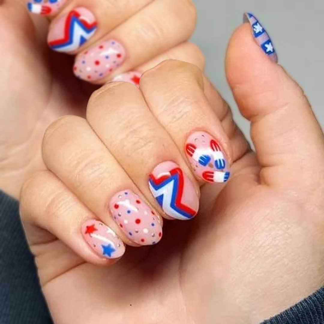 Festive Medium Oval Red and Blue Patterned Press on Nail Set
