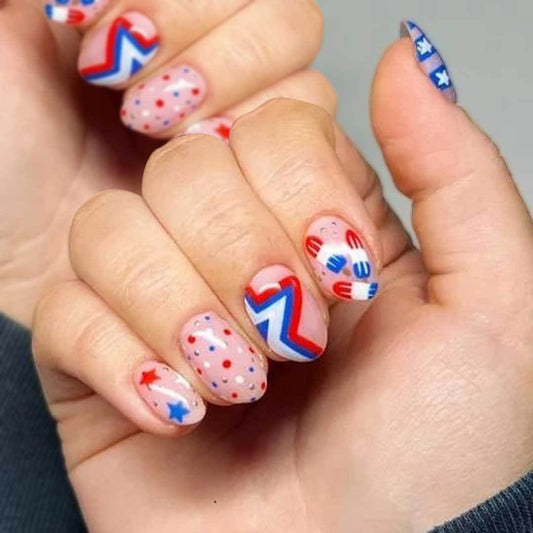 Festive Medium Oval Red and Blue Patterned Press on Nail Set
