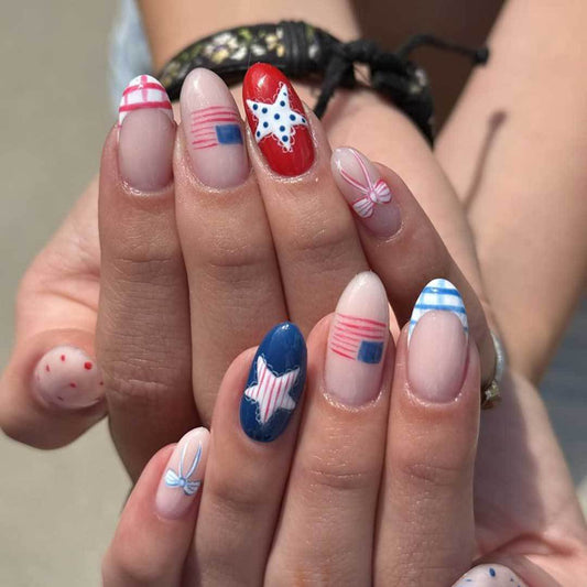 Patriotic Medium Almond Red White and Blue Themed Press On Nail Set with Unique Designs