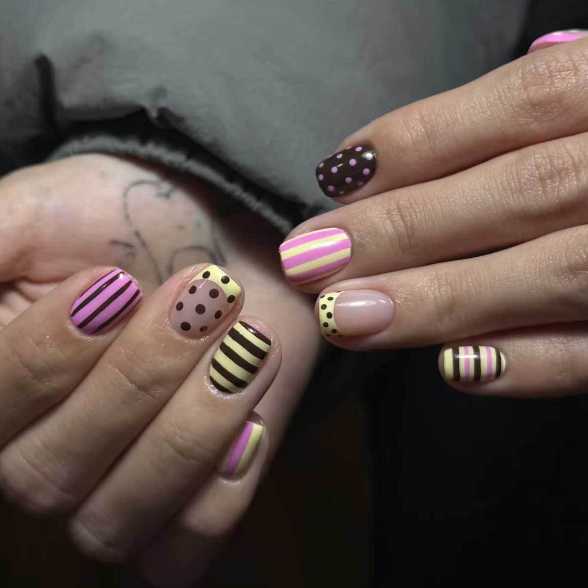 Whimsical Stripes Short Square Pink and Brown Patterned Press On Nail Set