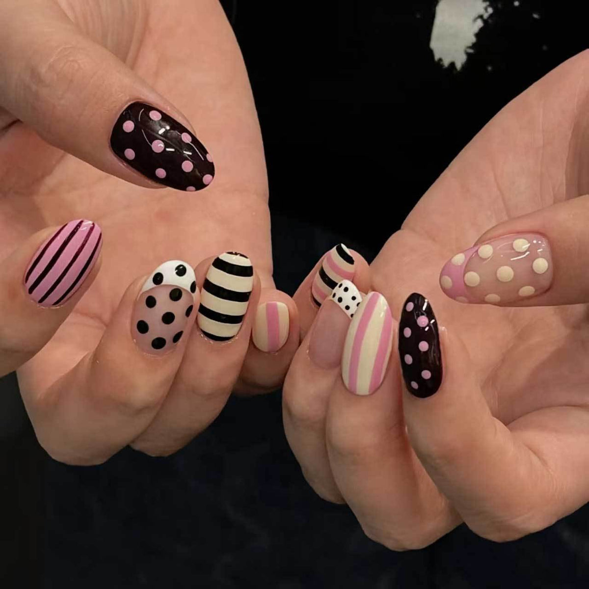 Whimsical Patterns Medium Oval Pink and Black Polka Dot Press on Nail Set