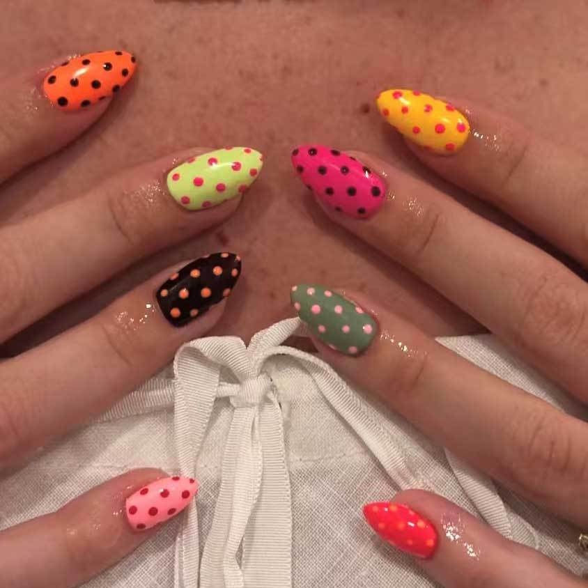 Vibrant Dotty Delight Medium Almond Colorful Neon Press On Nail Set with Unique Polka Dot Design