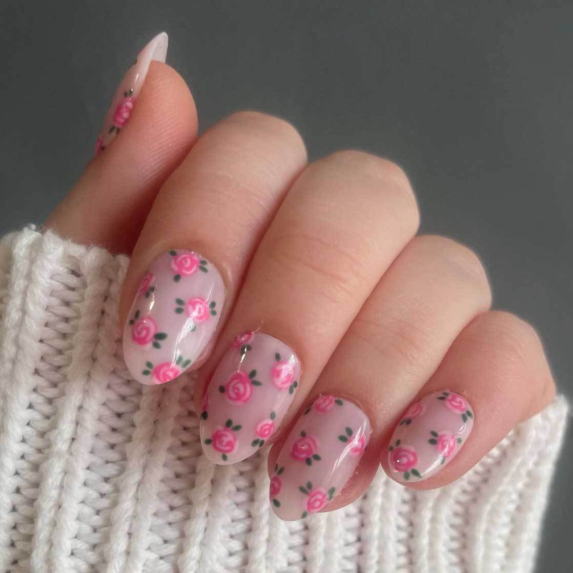 Charming Floral Short Almond Pink with Delicate Rose Design Press On Nail Set