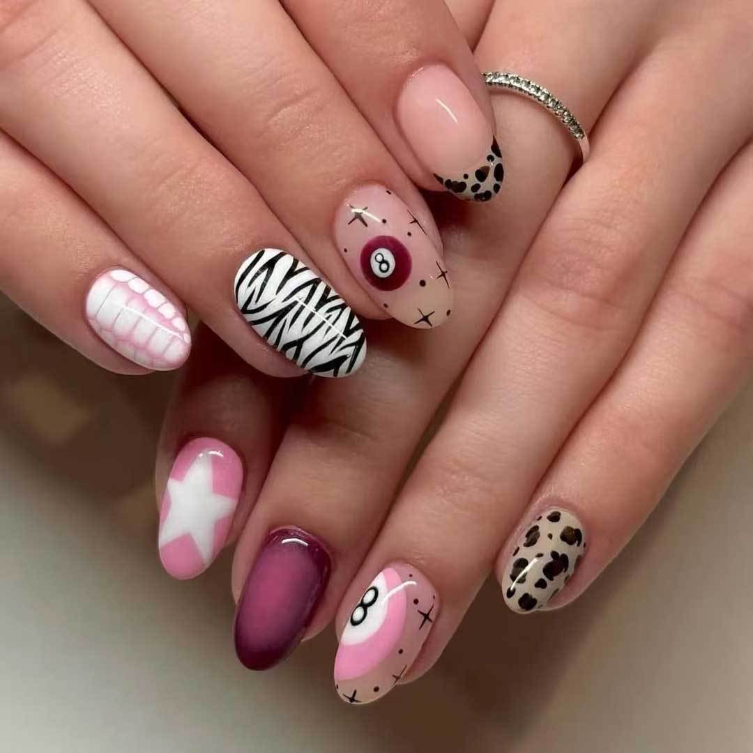 Vibrant Safari Medium Round Pink with Unique Animal Print Details Press On Nail Set