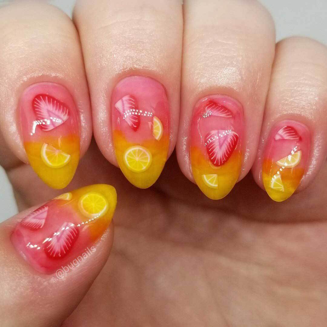 Tropical Sunset Medium Almond Vibrant Citrus Design Press On Nail Set