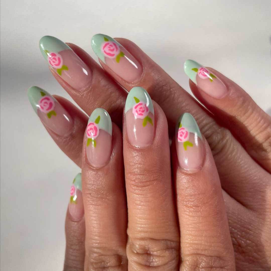Charming Floral Fantasy Medium Oval Green with Pink Rose Accents Press-On Nail Set