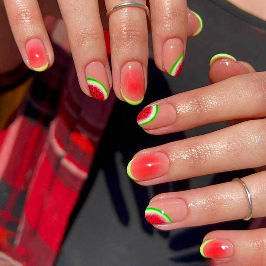 Watermelon Vibes Medium Oval Pink Ombre with Green Tips Press On Nail Set