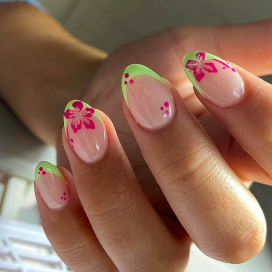 Tropical Vibes Medium Oval Neon Green Floral Design Press-On Nail Set