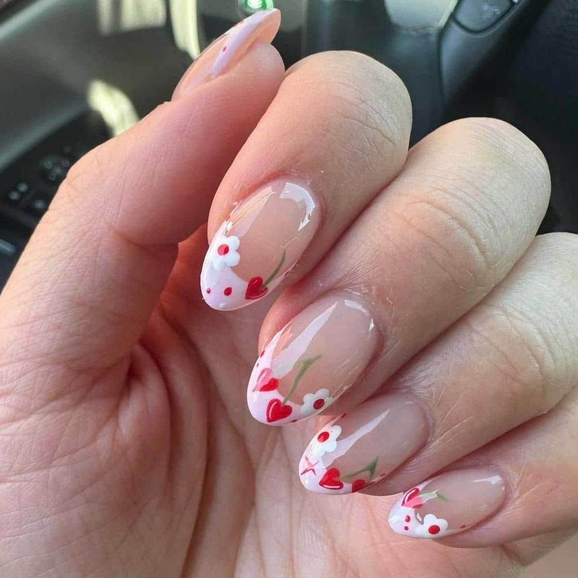 Charming Floral Medium Almond Press On Nail Set with Heart Design and Glossy Finish