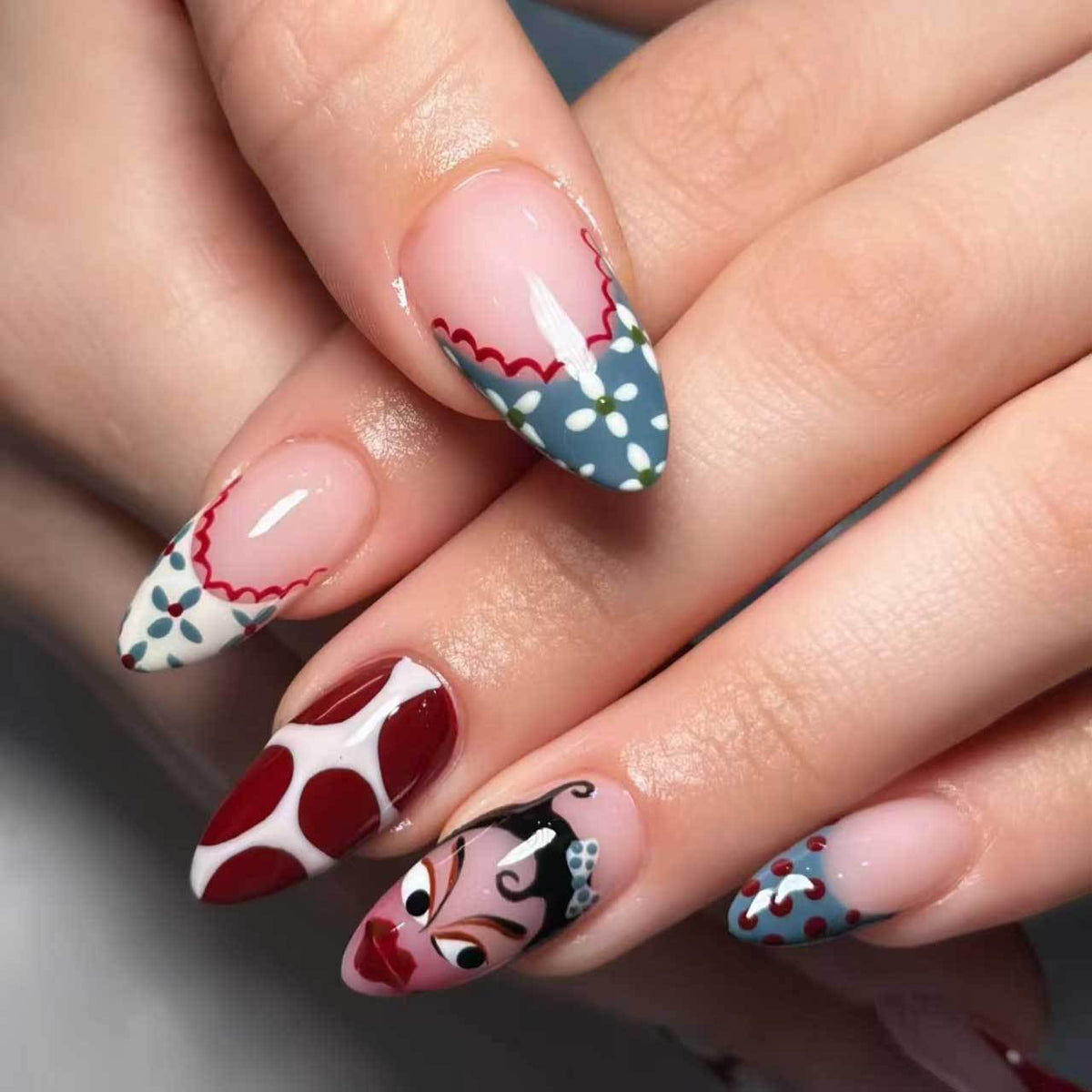 Whimsical Floral Medium Almond Multicolor Nail Press Set with Artistic Designs