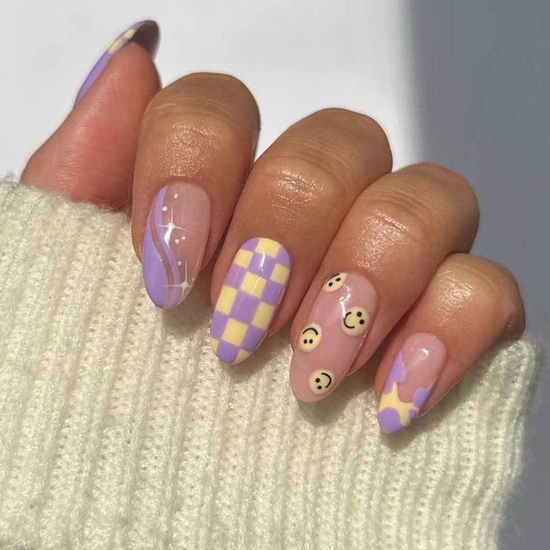 Whimsical Lavender Medium Almond Press-On Nail Set with Playful Smileys and Checkerboard Patterns