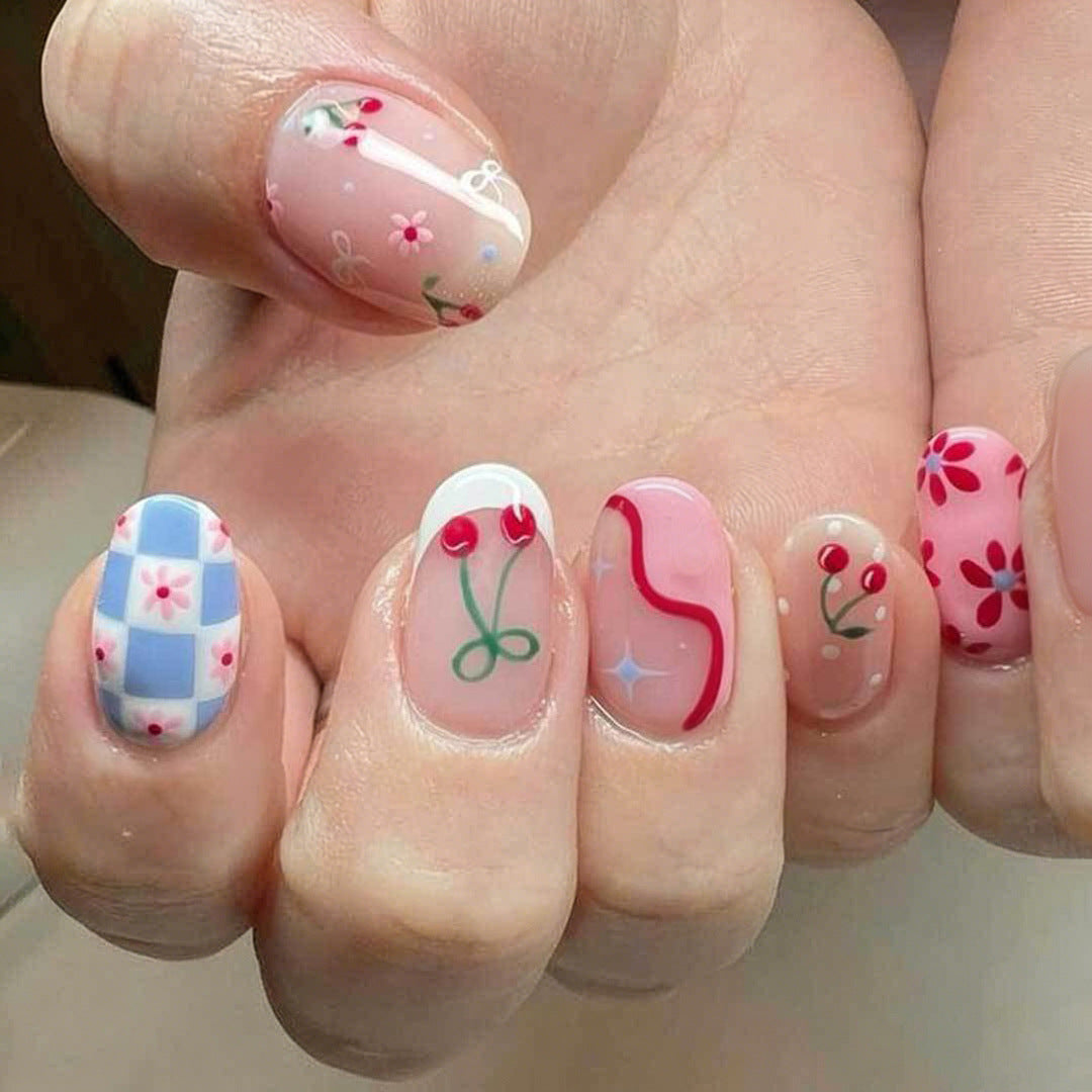Charming Floral Short Oval Pastel Design Press On Nail Set