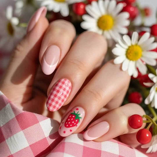 Charming Strawberry Dream Medium Oval Pink with Vivid Gingham Accent Press On Nail Set