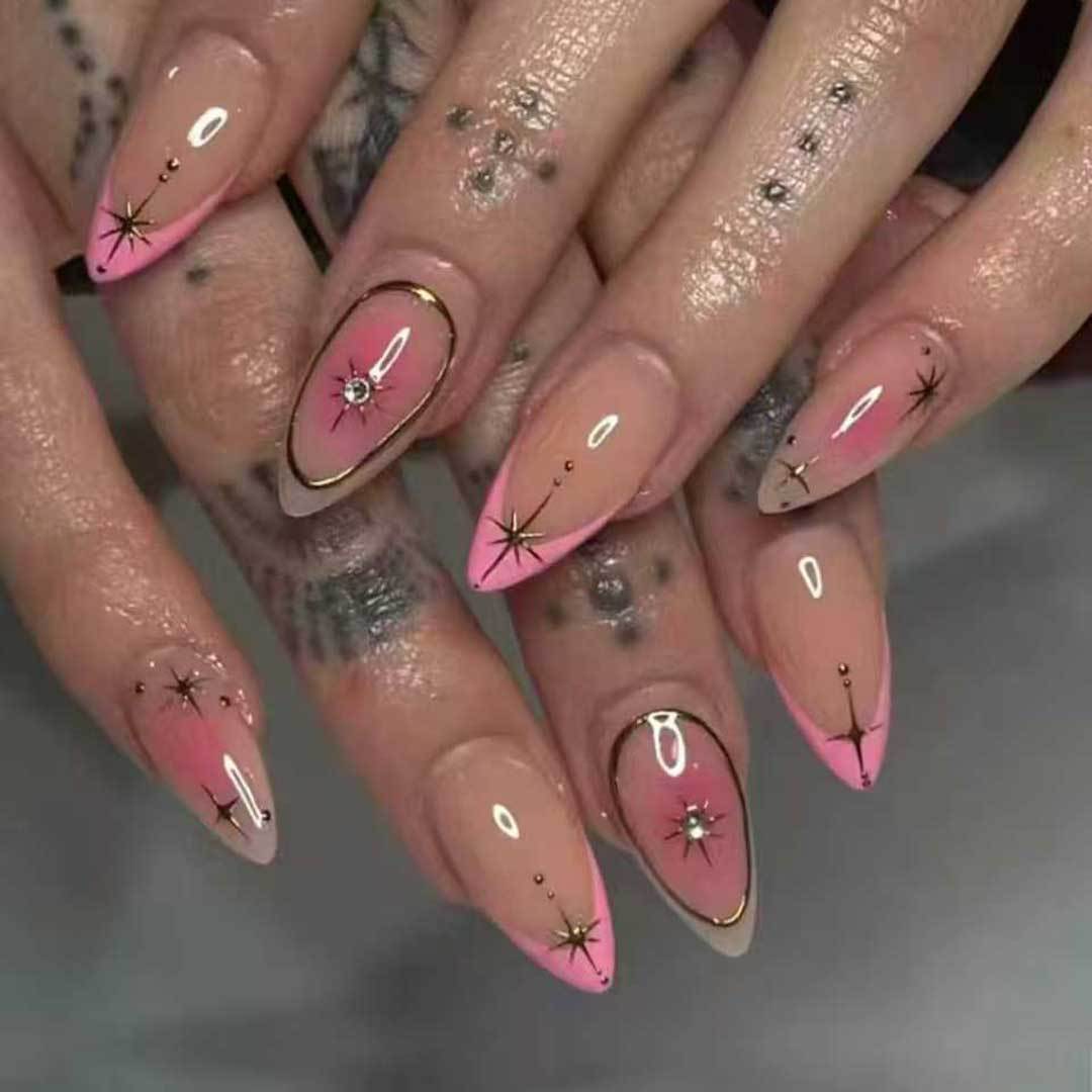 Celestial Dream Medium Almond Pink Ombre with Starry Accents Press On Nail Set