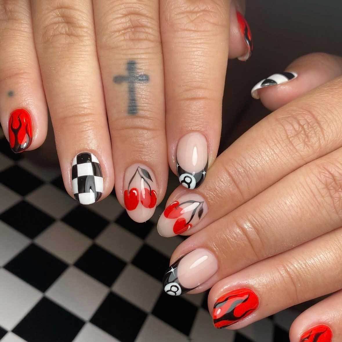 Flaming Cherry Palette Medium Almond Red and Black Artistic Design Press On Nail Set