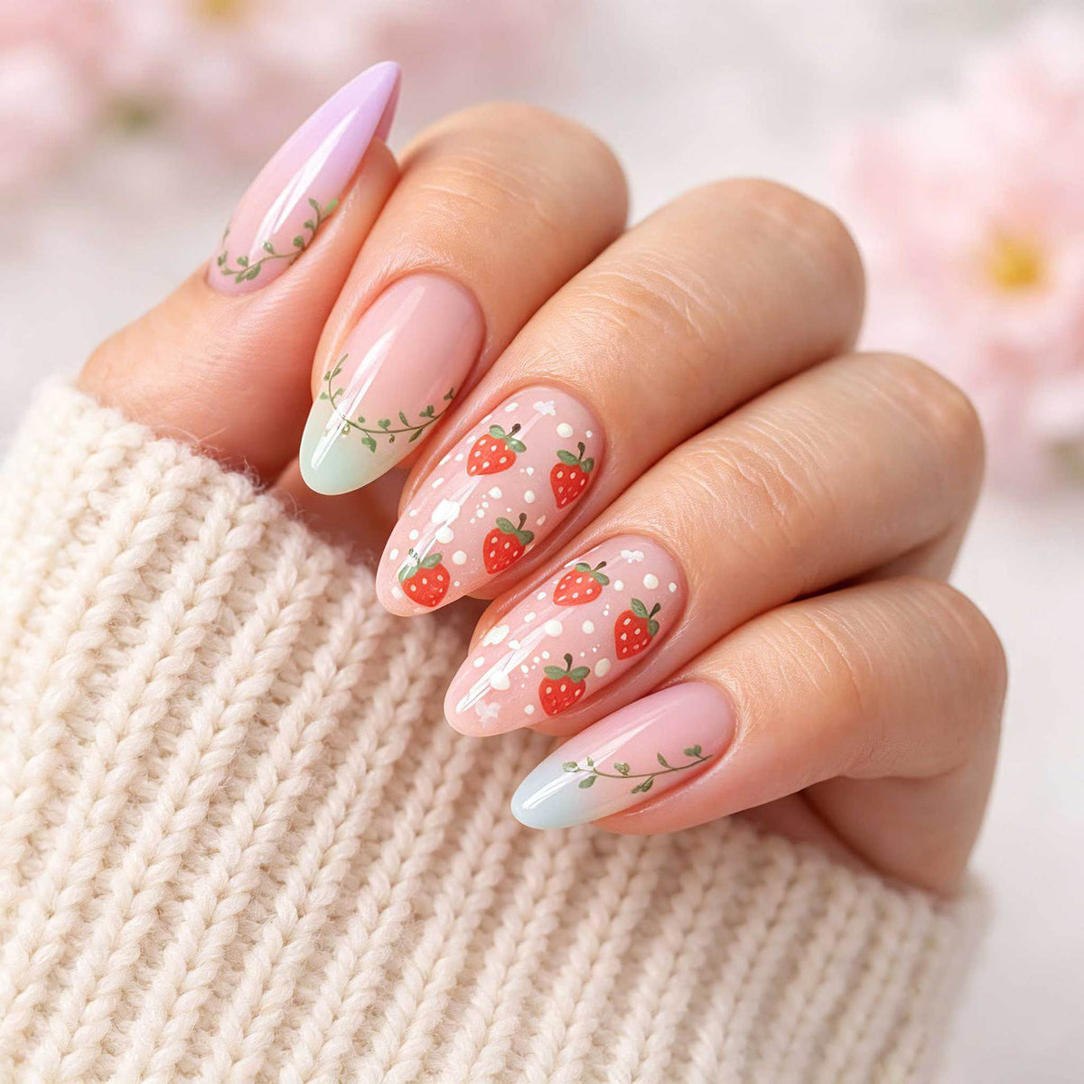 Strawberry Fields Medium Almond Pink with Floral Design Press-On Nail Set