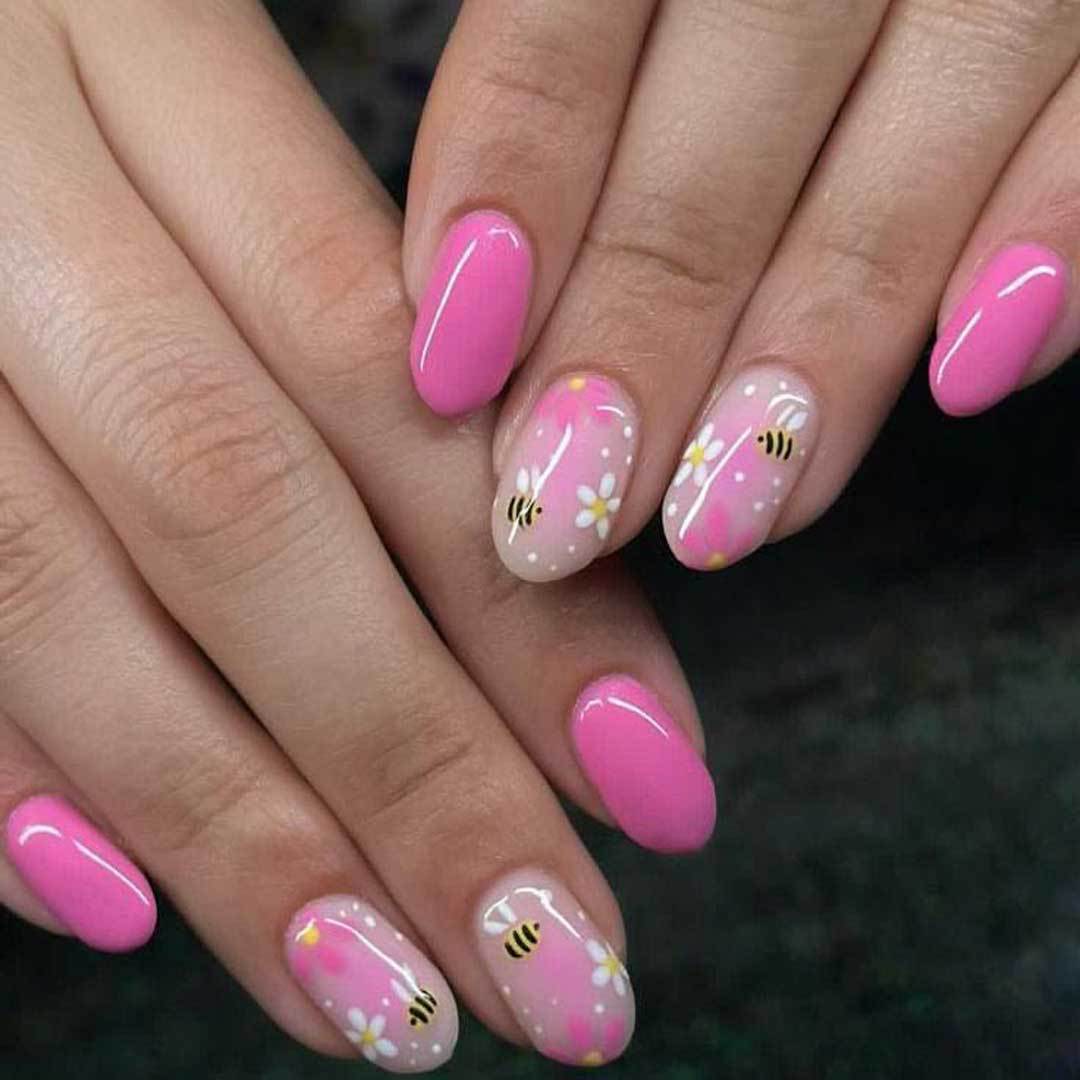 Bee Inspired Medium Oval Pink Nails with Floral Design