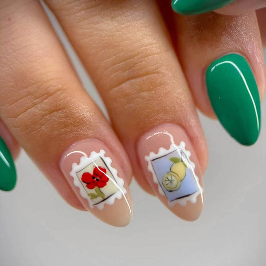 Whimsical Garden Medium Almond Green with Unique Floral Stamp Design Press On Nail Set
