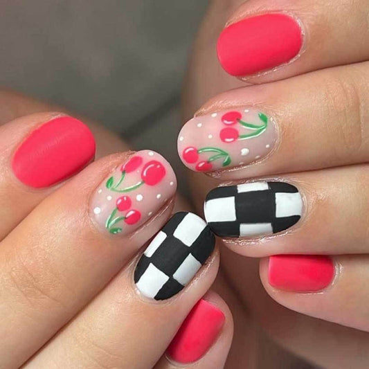 Cherry Blossom Inspired Medium Oval Matte Press On Nail Set with Playful Checkered Accents