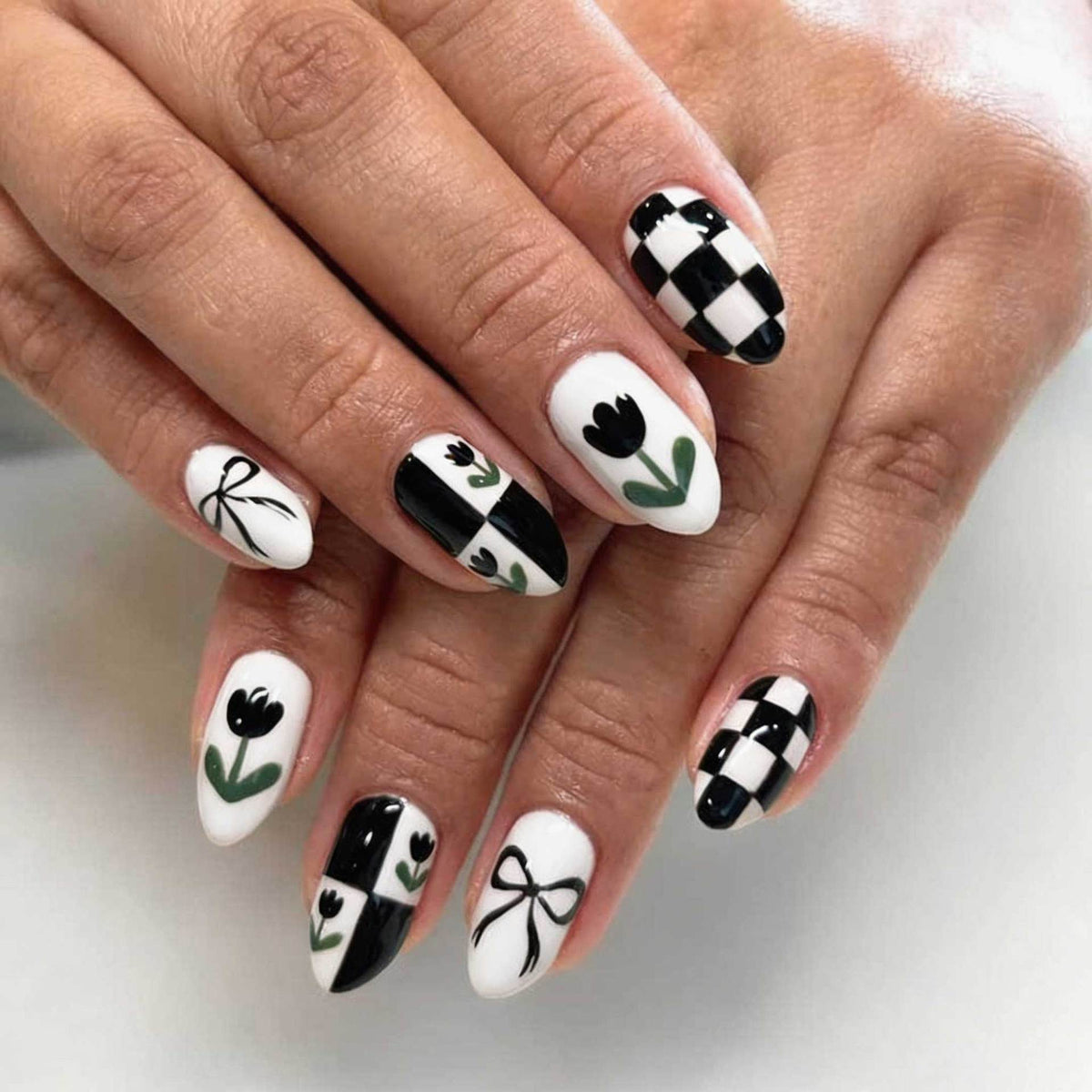 Chic Floral Fantasy Medium Almond Black and White Trendy Design Press On Nail Set