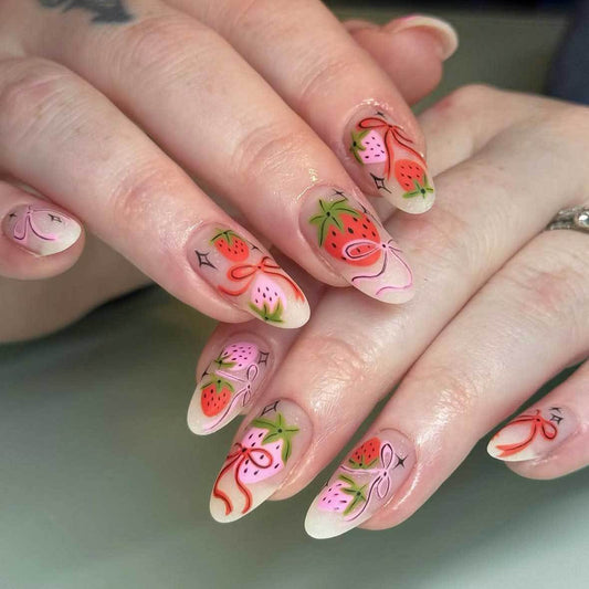 Berry Delightful Medium Oval Pink and Green Floral Press-On Nail Set