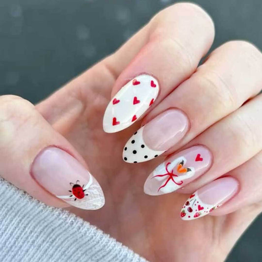 Charming Love Theme Medium Almond Red and White Heart Decor Press On Nail Set