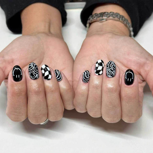 Monochrome Vibes Short Oval Black and White Swirl Pattern Press On Nail Set