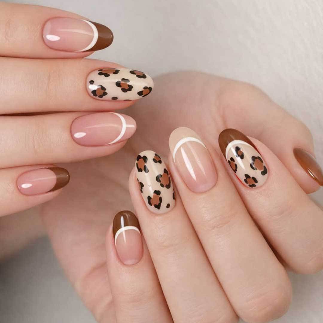 Wild Safari Inspired Medium Oval Beige and Brown Nail Set with Unique Leopard Print Design