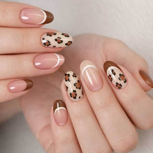 Wild Safari Inspired Medium Oval Beige and Brown Nail Set with Unique Leopard Print Design