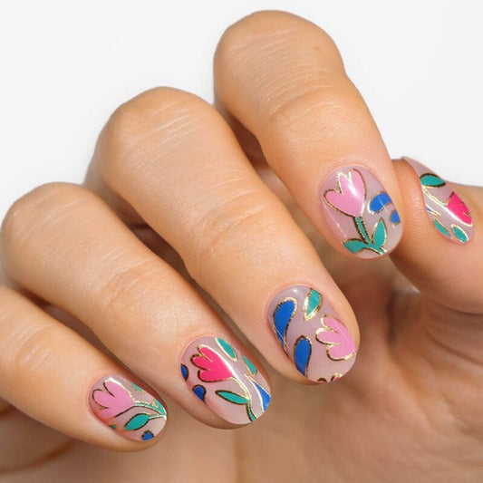 Floral Elegance Short Oval Pink and Green Garden Design Press On Nail Set