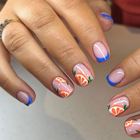 Citrus Splash Short Square Blue Accent Press On Nail Set