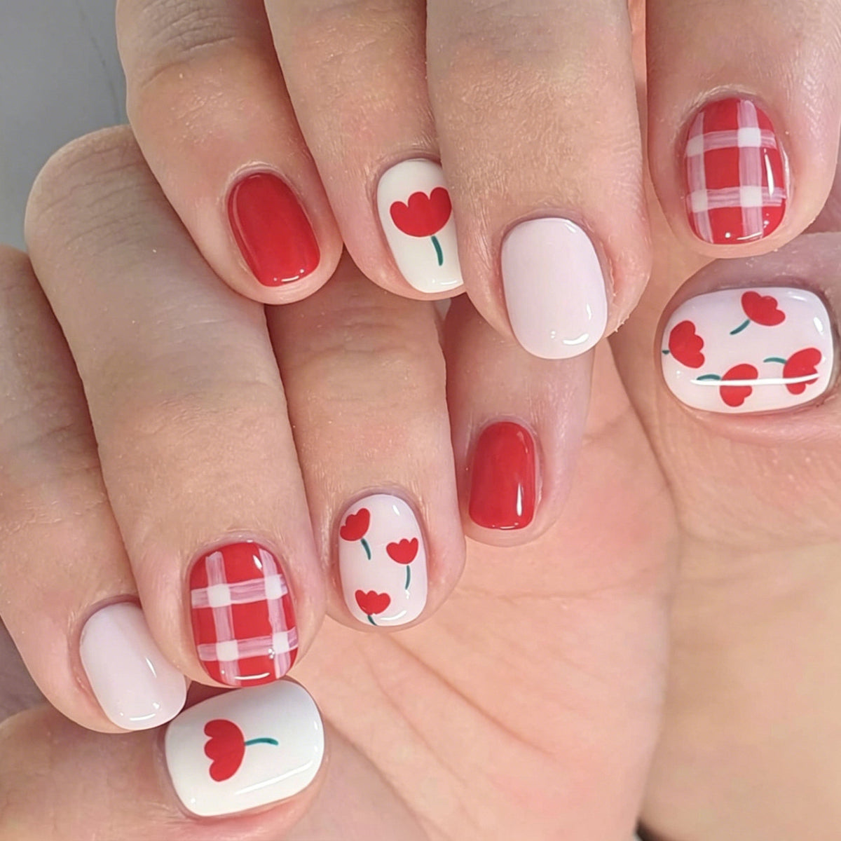 Garden Party Short Round Red with Charming Floral Accents Press on Nail Set