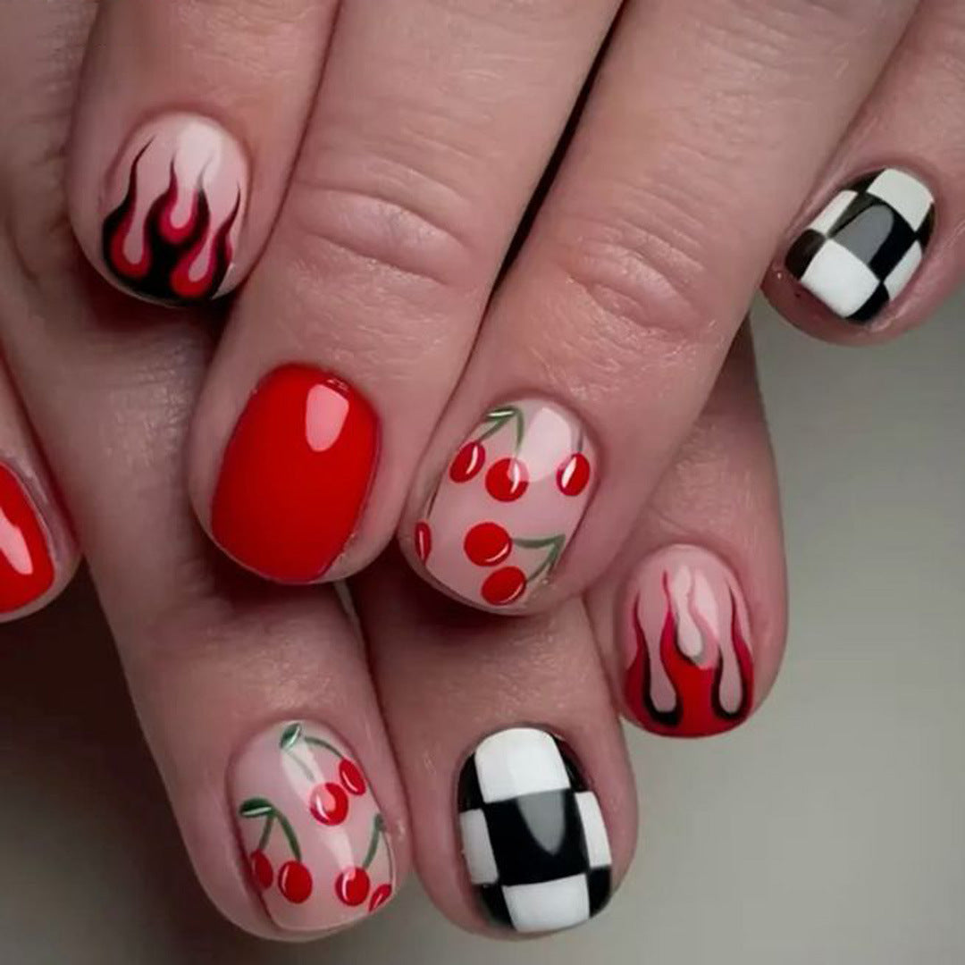 Retro Cherry Short Square Red Flame Design Press On Nail Set