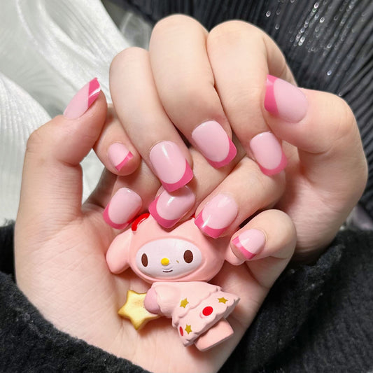 Cute Kawaii Charm Long Square Pink Ombre Press On Nail Set with Glossy Finish
