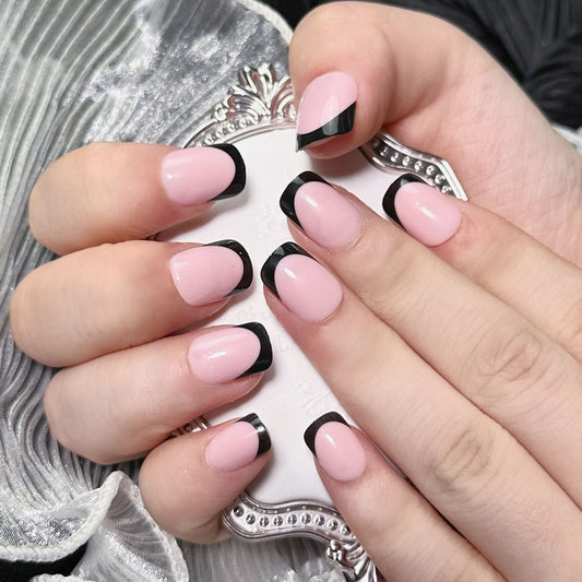 Elegant Night Out Long Square Pink and Black Contrast Press On Nail Set with