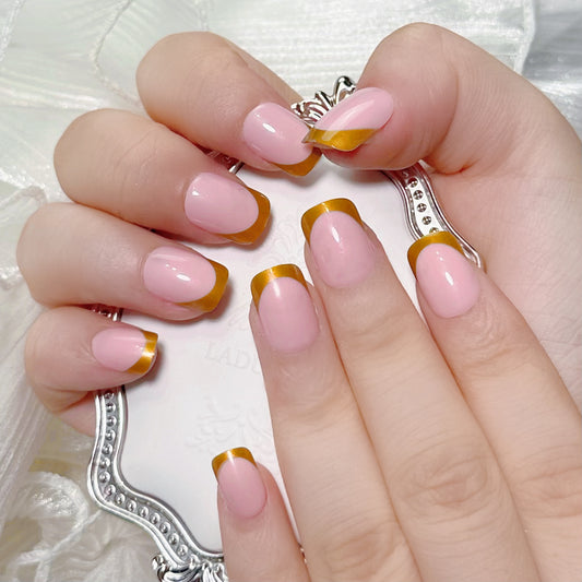 Golden Glamour Long Square Pink Press On Nail Set with Unique Metallic Tips