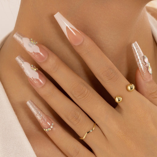 Elegant Bridal Long Coffin Blush Pink Glitter Accent Press On Nail Set