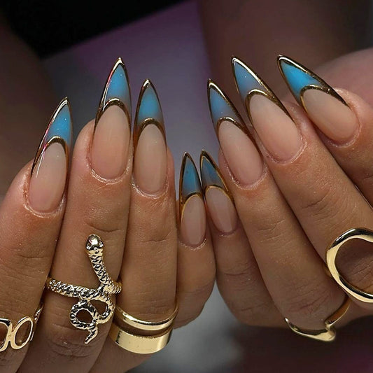 Celestial Dreams Long Stiletto Press On Nails Shimmering Blue Ombre with Elegant Gold Outline