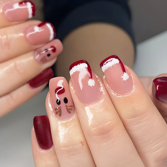 Festive Elegance Short Square Length Deep Red and Soft Pink with Whimsical Holiday Artwork Press-On Nail Set