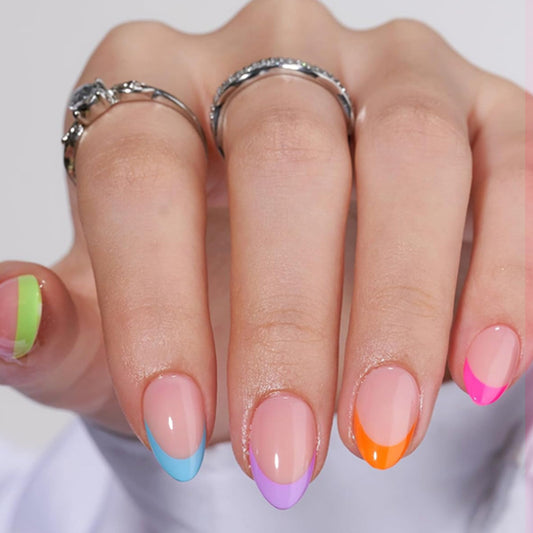Whimsical Dream Press On Nail Set Short Almond Shape Vibrant Pastel Colors Stunning French Tips