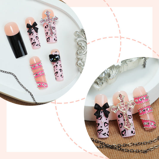 Glamorous Long Square Pink Press On Nails with Chic Embellishments and Animal Print Design