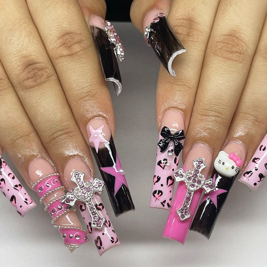 Glamorous Gothic Charm Long Square Multicolor Press On Nail Set With Unique Gemstone Cross Accents