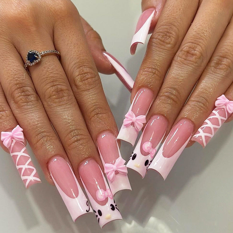 Whimsical Wonderland Extra Long Square Pink Press On Nail Set With Bow And Character Design