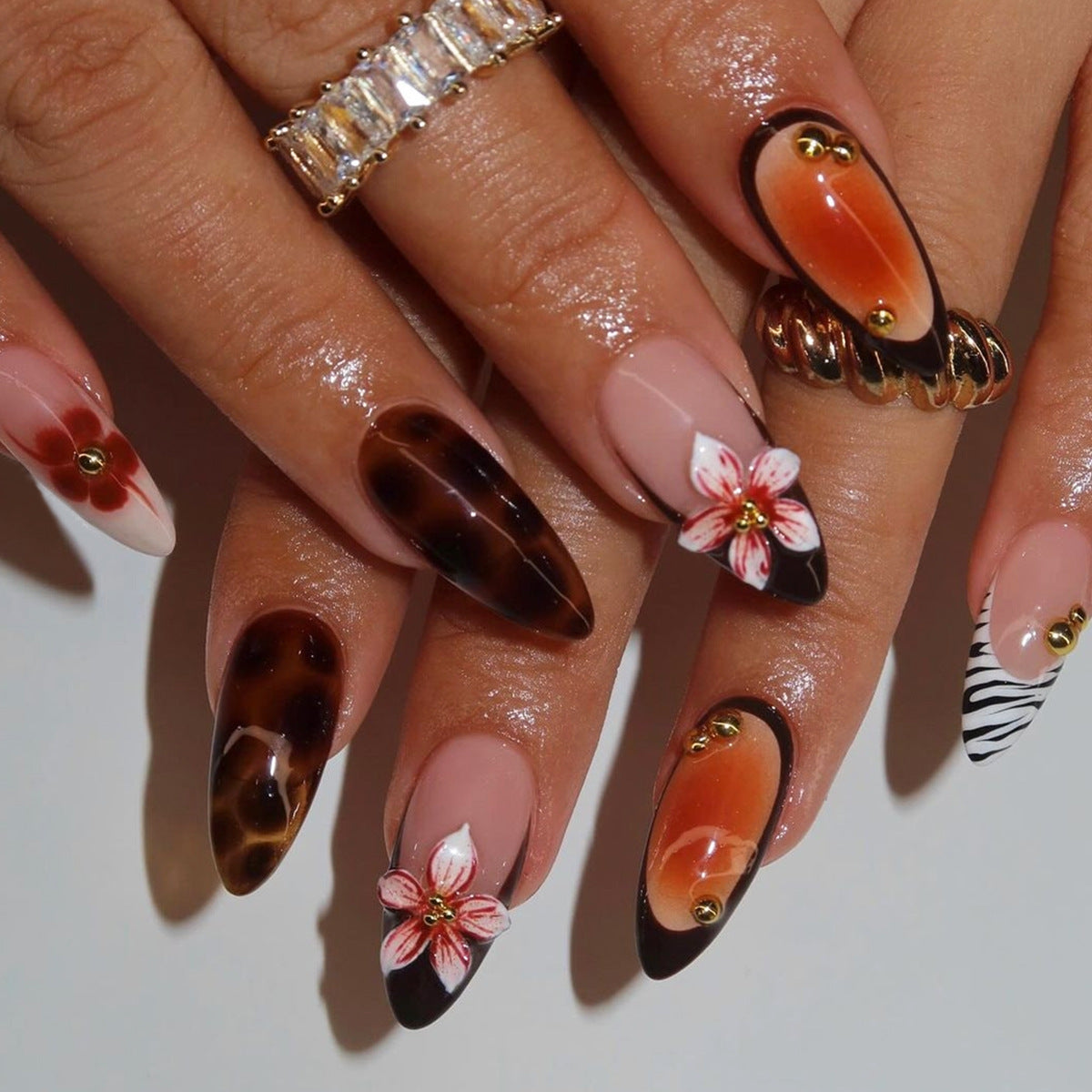 Tropical Elegance Medium Almond Brown Floral Accent Press On Nail Set