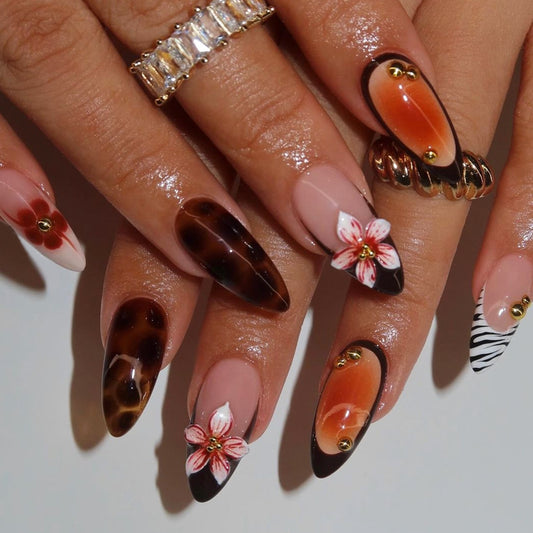 Tropical Elegance Medium Almond Brown Floral Accent Press On Nail Set