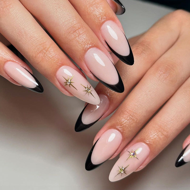 Glamorous Night Sky Medium Almond Shaped Beige with Black Tips and Dazzling Star Accents Press On Nail Set