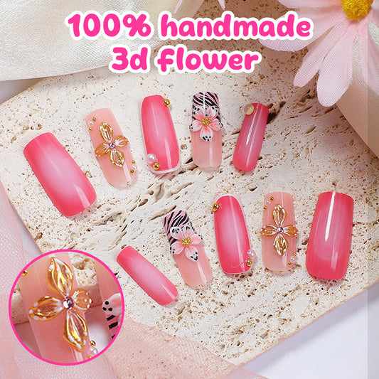 Floral Fantasy Medium Square Pink Gel Press-On Nail Set with Handmade Three Dimensional Flower Accents